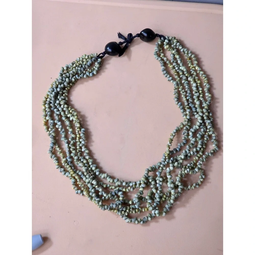 Multi Strand 6 Mini Mongo Shell Necklace Black Seed‎ Bead Accent Olive Green